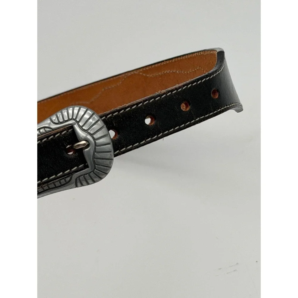Vintage Western Black Leather Belt Beaded Medallions Silver Engraved Buckle 30